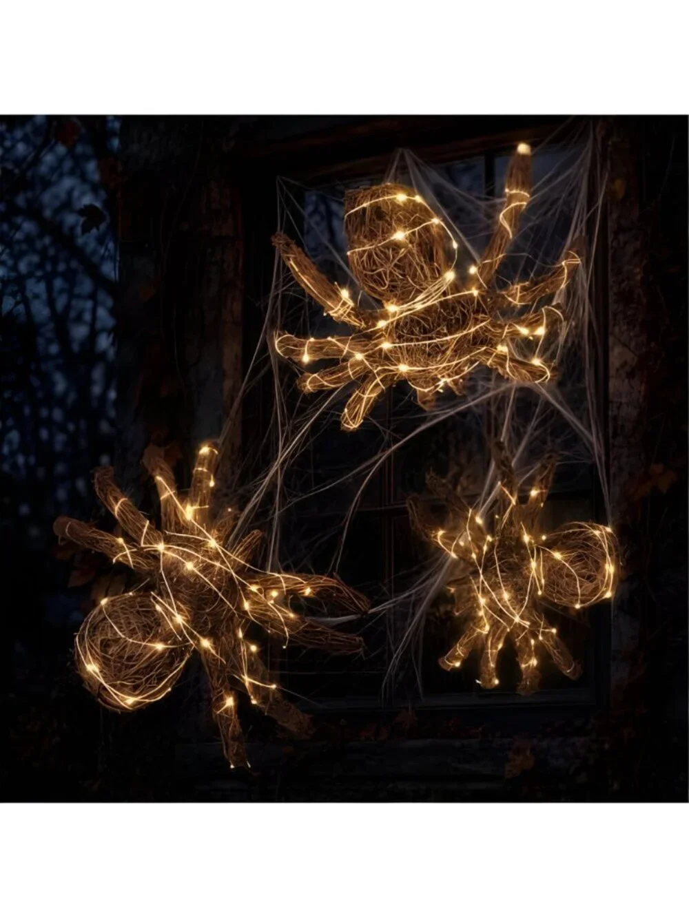 3 Pcs Halloween Rattan Woven Fake Spider Decor with String Lights